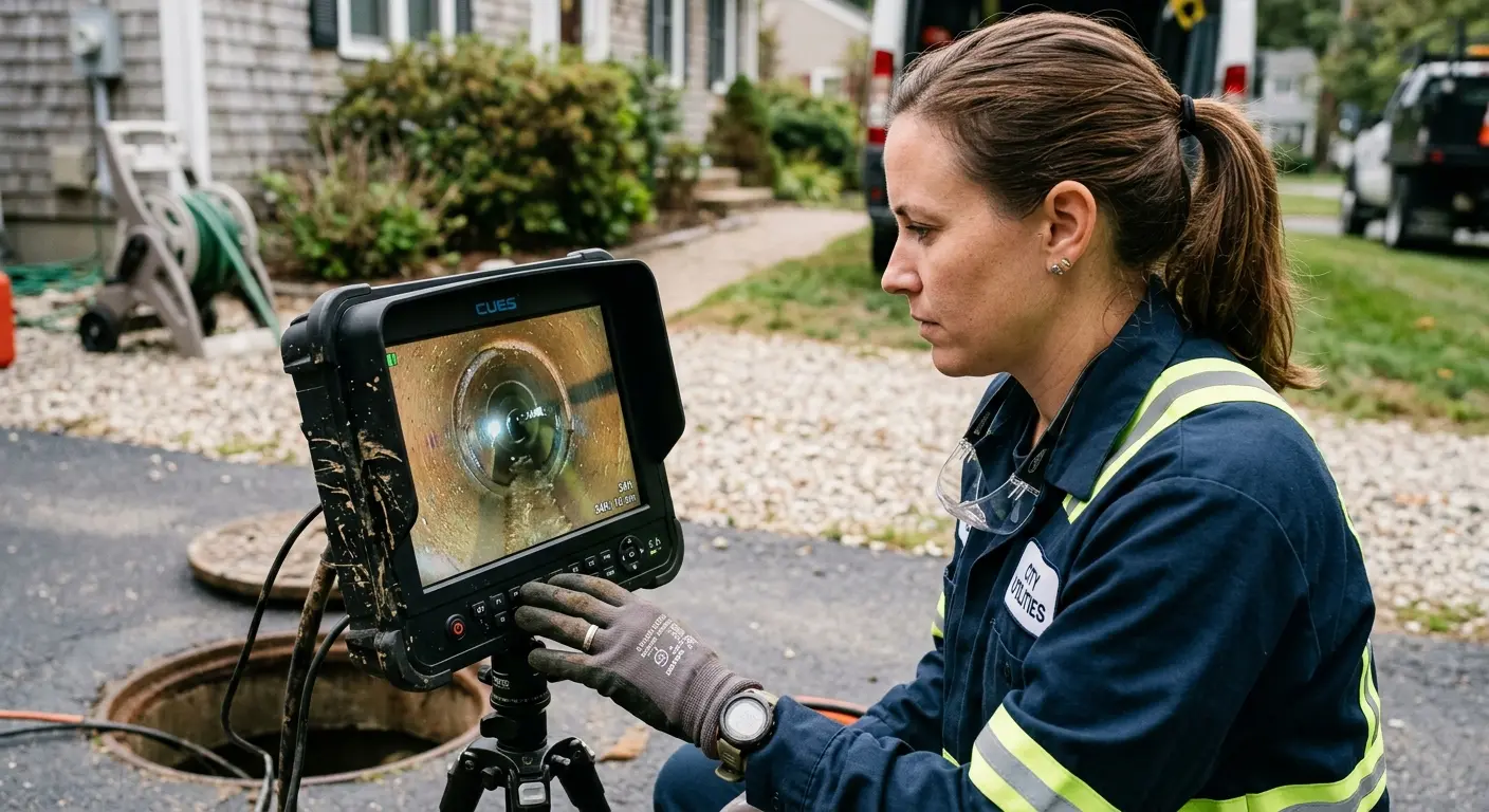 Technician reviewing sewer camera inspection footage in Los Osos