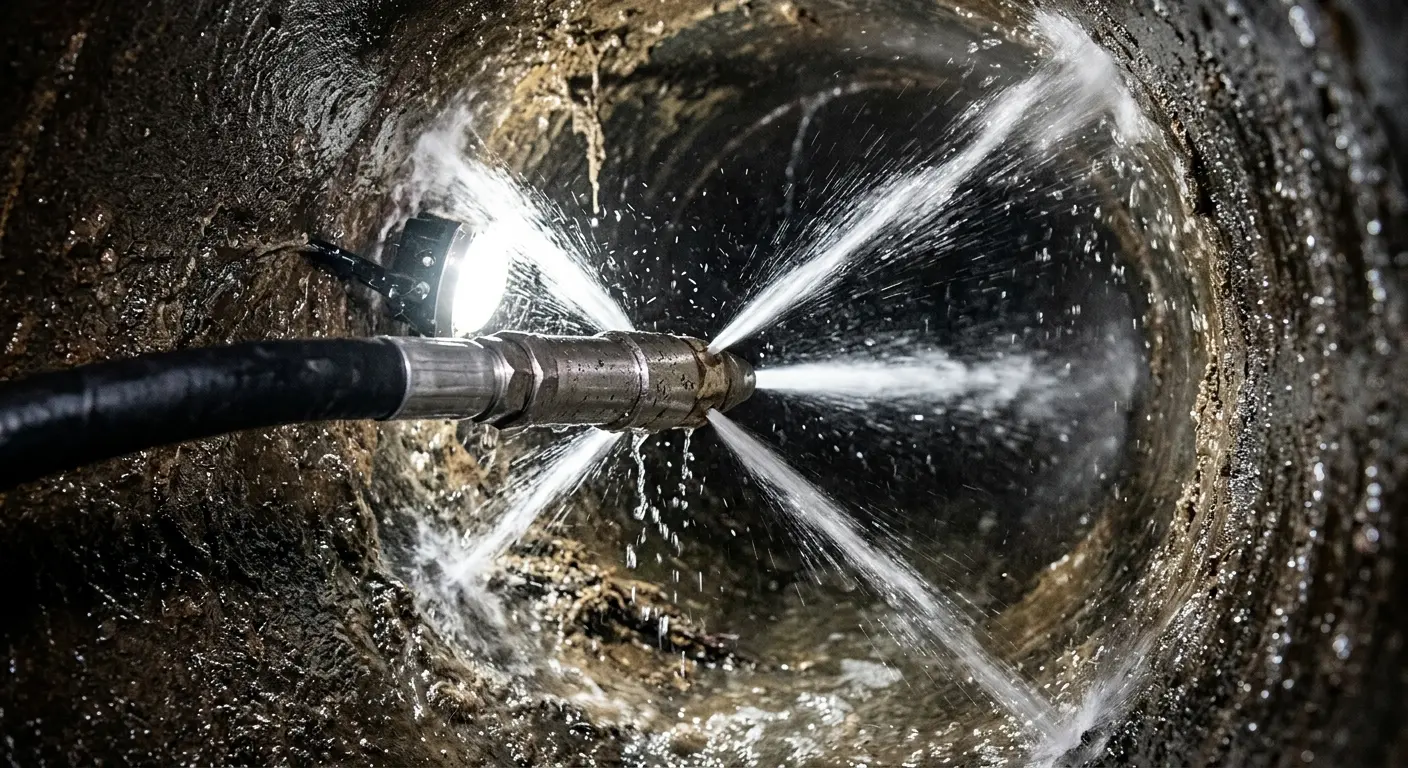 High-pressure hydro jetting nozzle cleaning sewer pipe for Sewer Cleanout in Los Osos