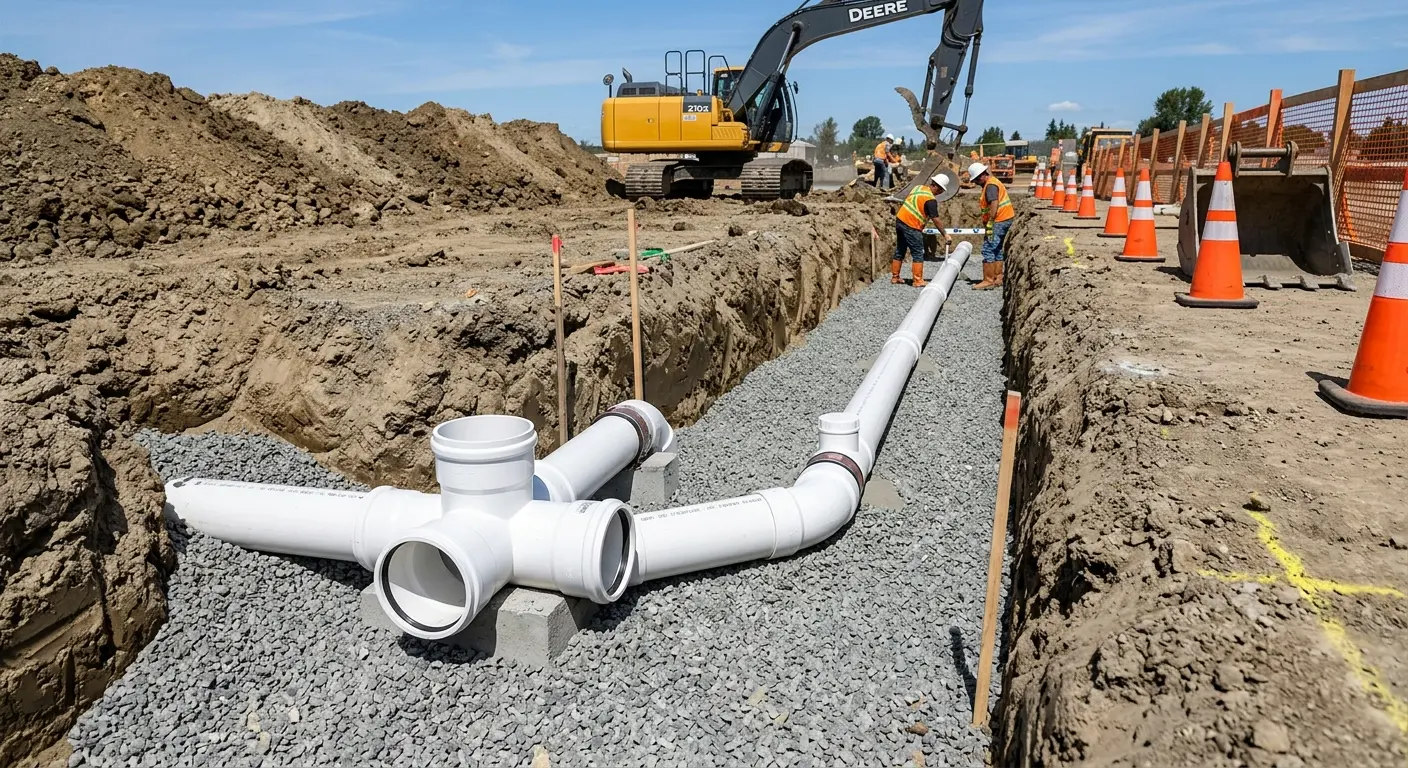 New PVC sewer pipe installation in open trench for Sewer Backup in Los Osos