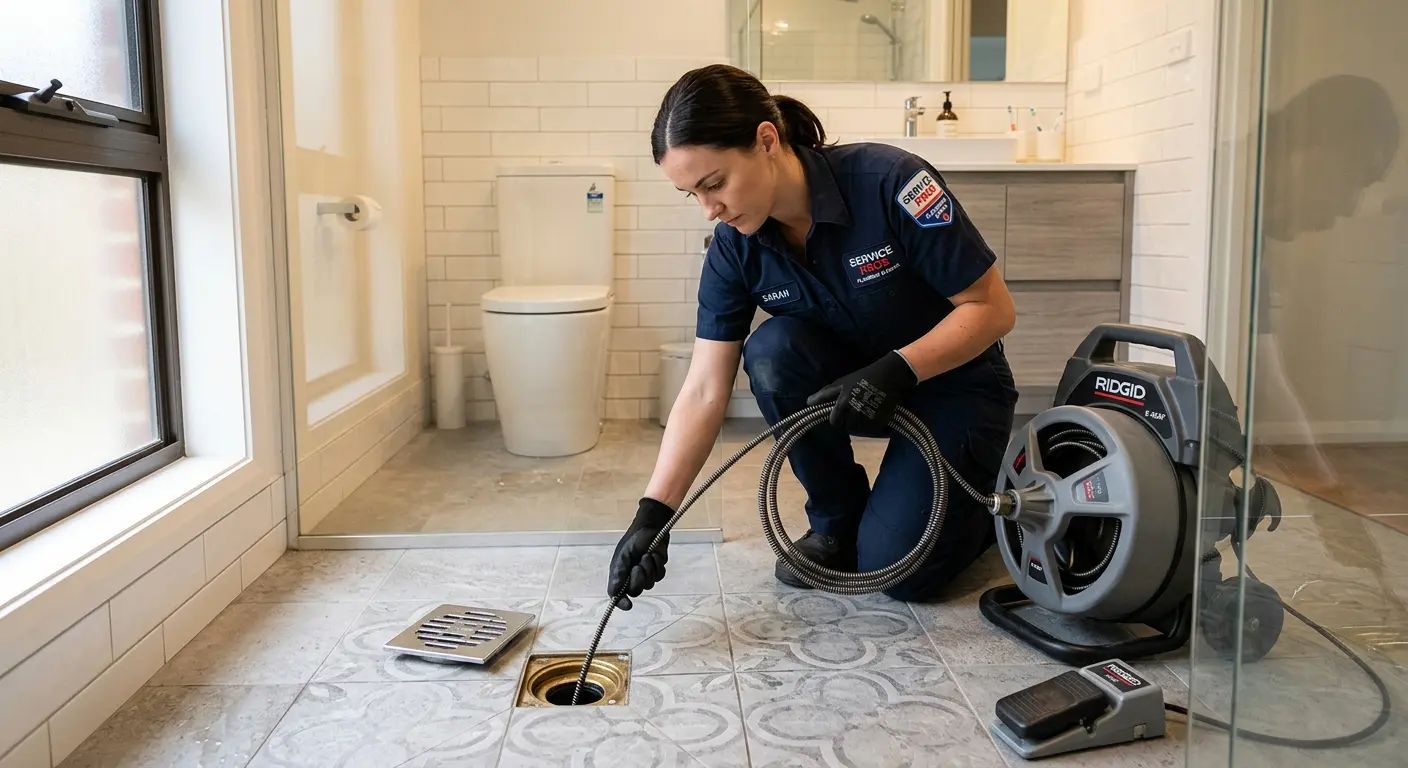 Technician clearing a bathroom floor drain for Drain Cleaning in Los Osos